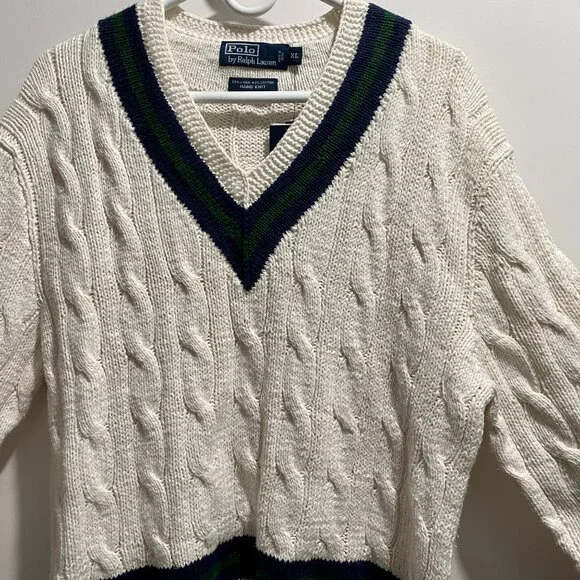 Polo RL Cricket Cable Hand Knit Heritage Preppy Academia Cotton Linen Sweater XL